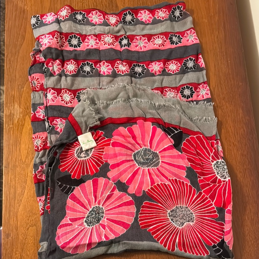Vera Bradley Floral Striped Scarf in Red, Pink, and Gray